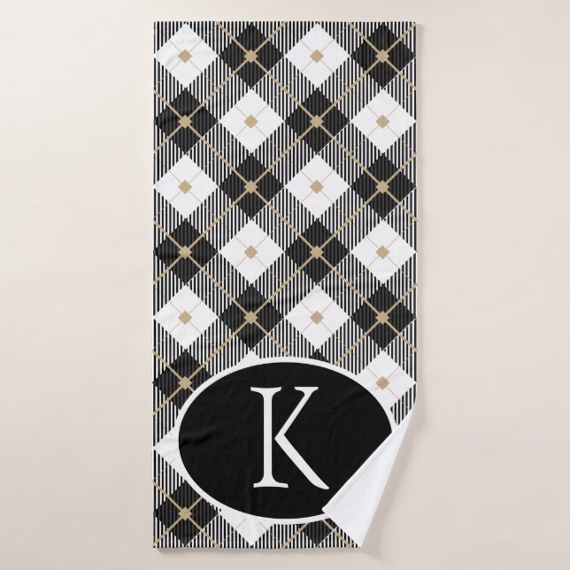 Cuadros de Plaid Negro Blanco y Dorado Personaliza (Toalla de baño)