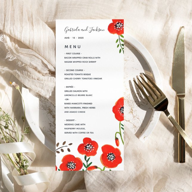 Cuadros rojos menú floral moderno boda (Red poppies modern floral wedding menu)