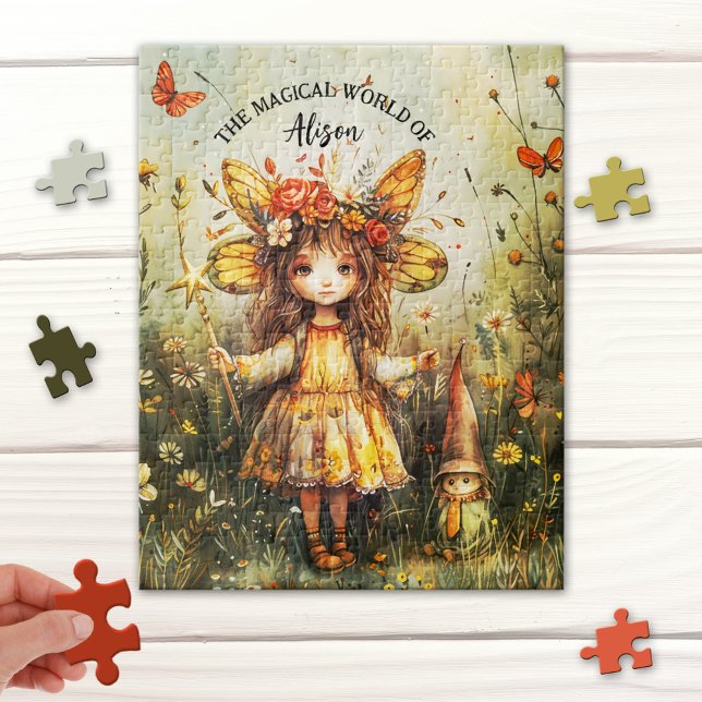 Cuadros y rompecabezas del Jardín de Gnome (Puzzle featuring a cute fairy with a gnome in an enchanted magical garden)