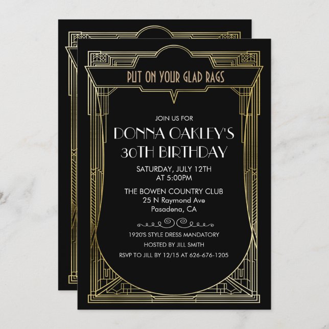 CUALQUIER EDAD Gran Gatsby Art Deco Invitación al  (Anverso / Reverso)