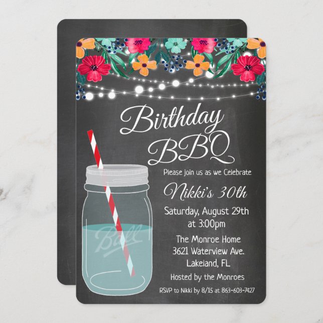 CUALQUIER EDAD - Invitación a BBQ Mason Jar por cu (Anverso / Reverso)