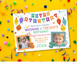 CUALQUIER EDAD - Invitación conjunta de dos herman<br><div class="desc">Dos hermanos hermanos conjuntos de la fiesta de cumpleaños Globos Confetti Stars Foto Invitación</div>
