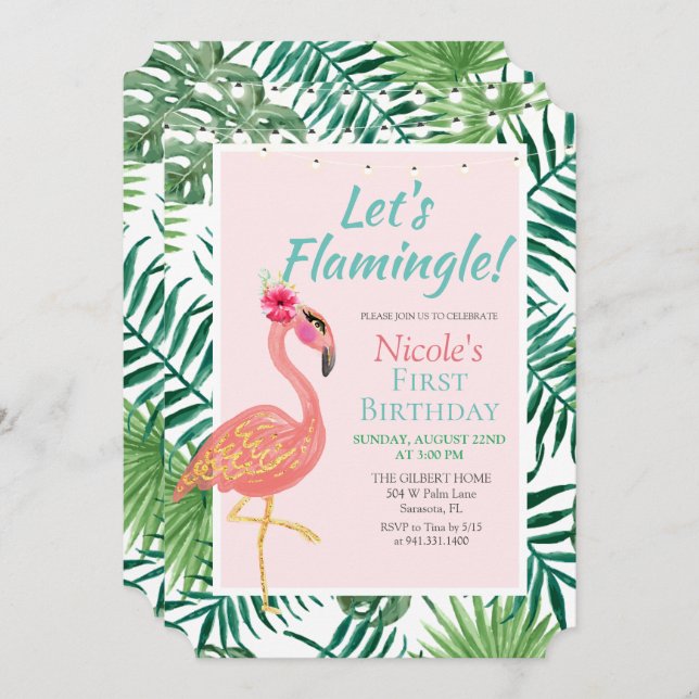 CUALQUIER EDAD - Invitación de cumpleaños Flamingo (Anverso / Reverso)