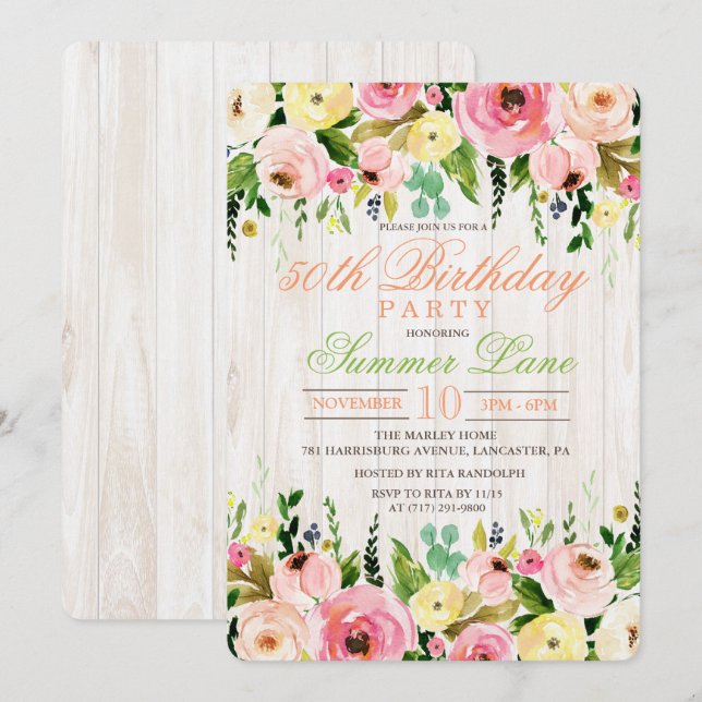 CUALQUIER EDAD - Invitación de cumpleaños floral r (Anverso / Reverso)