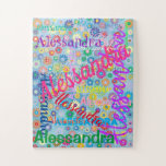 Cualquier rompecabezas del Collage con flores<br><div class="desc">Este divertido rompecabezas cuenta con un diseño ondulado y colorido con el nombre de su elección que aparece en numerosas fuentes y colores diferentes. Los nombres se muestran sobre un fondo azul con flores de colores. ¡Un gran regalo para cualquier chica que pueda gustarle un rompecabezas personalizado!</div>
