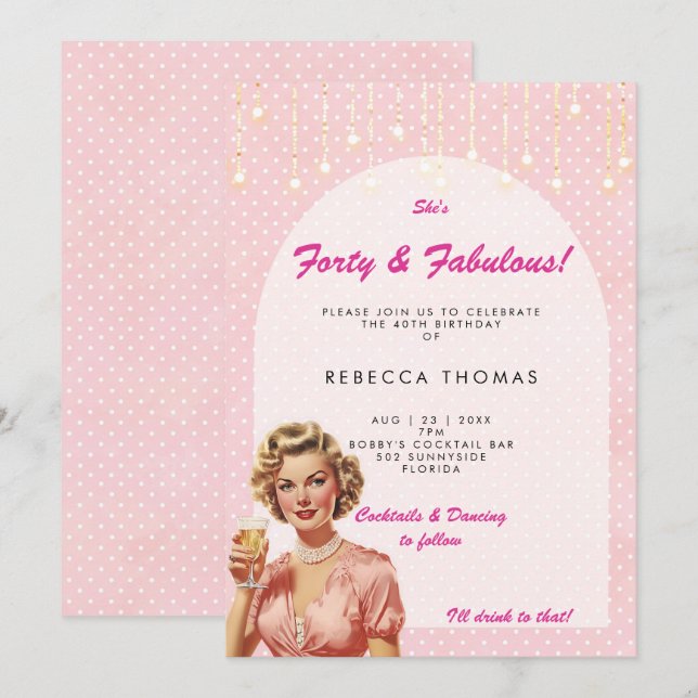 cuarenta y fabulosa invitación de cumpleaños rosa  (Anverso / Reverso)