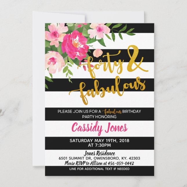 Cuarenta y invitación fabulosa del cumpleaños (Anverso)