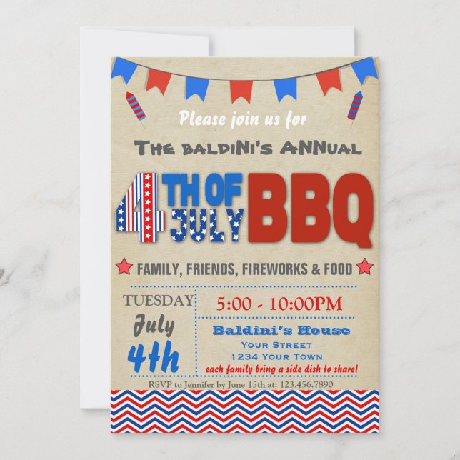 Cuarto de la invitación del Bbq de julio (Anverso)