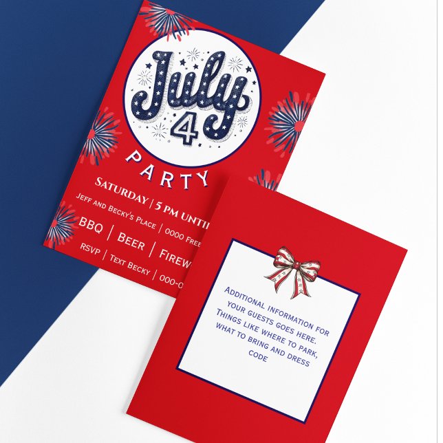Cuatro de Julio con Fuegos Artificiales en Rojo Bl (Fully customize the front and back of your Fourth of July party invitation)