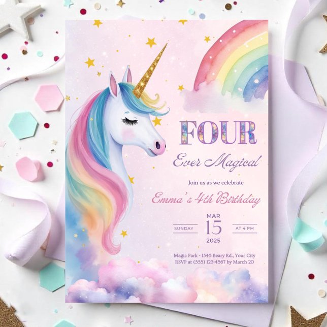 Cuatro invitaciones de cumpleaños de Unicornio mág (Subido por el creador)