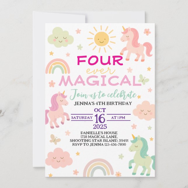 Cuatro invitaciones de cumpleaños de Unicornio mág (Anverso)
