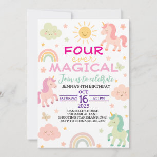 Cuatro invitaciones de cumpleaños de Unicornio mág