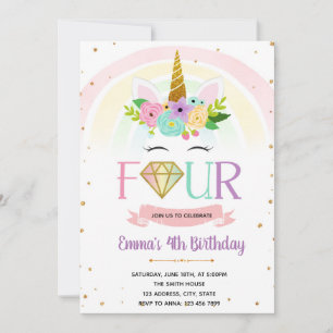 Cuatro invitaciones de cumpleaños unicornio