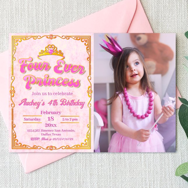 Cuatro princesas de siempre - Chica 4ª invitación  (Four Ever Princess - Girl 4th Birthday Landscape Invitation with Picture)