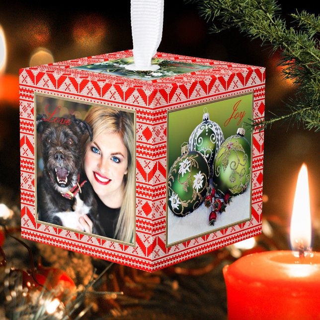 Cúbico Personalizado suéter feo foto cubo adorno navideño (Christmas photo cube ornament featuring a white and red ugly sweater design)