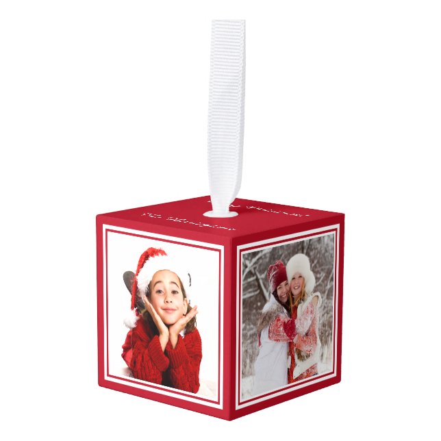 Cúbico TUS FOTOS personalizado adorno de Navidad (Anverso en perspectiva)