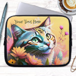 Cubierta colorida Cute Cat Pintar Funda Portátil<br><div class="desc">Manga portátil con una colorida pintura de un bonito gatito con flores. El texto es opcional.</div>