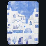 Cubierta De iPad Air Acuarela de la isla griega de Santorini<br><div class="desc">Paisaje urbano azul y blanco basado en la isla griega de Santorini. Arte original de Nic Squirrell.</div>