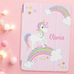 Cubierta De iPad Air Magnífico arcoiris Unicornio rosa personalizado<br><div class="desc">Una bonita cubierta rosa de unicornio para iPad con estrellas y un arcoiris. ¡Personaliza con su nombre para hacer un regalo divertido para un chica!</div>