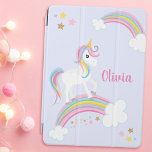 Cubierta De iPad Air Púrpura de unicornio arcoiris mágico personalizado<br><div class="desc">Una bonita cubierta de unicornio morado para iPad con estrellas y un arcoiris. ¡Personaliza con su nombre para hacer un regalo divertido para un chica!</div>