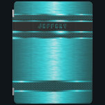 Cubierta De iPad Aspecto de aluminio cepillado de color turquesa y<br><div class="desc">Diseño metálico negro y turquesa de aluminio cepillado. Personalizado y monograma opcional. El diseño está disponible en otros productos y se puede solicitar en cualquier producto que ofrecemos en. Esta no es una imagen metalizado sino que parece metálica.</div>
