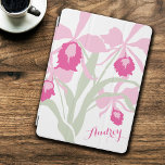 Cubierta de ipad con nombre de arte rosa de cattle<br><div class="desc">Hermosas flores gráficas de orquídeas florales radiantes en tonos rosa,  blanco y verde. Personalizar con tu propio nombre lee actualmente Audrey. Arte original de Sarah Trett.</div>