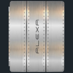 Cubierta De iPad Diseño geométrico de rayas de aluminio cepillado g<br><div class="desc">Elegante diseño masculino y metálico moderno. Imagen de textura de aluminio plateado-gris con acentos masculinos y monograma de personalizable.</div>
