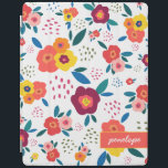 Cubierta De iPad Floral caprichoso en nombre de guión amarillo y co<br><div class="desc">¡Genial,  moderno y divertido! Este estuche personalizado para iPad presenta una hermosa huella floral con flores y hojas en rosa,  coral,  naranja,  azul y verde gritos de alegría primavera. Maravilloso para madres,  jardineros,  novias,  adolescentes y más. Parte de una colección de Parcel Studios.</div>