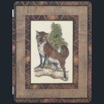 Cubierta De iPad Fox Rústica pisando un tronco de árbol<br><div class="desc">Esta huella rústica ilustra un zorro frente a un pino. Los colores están en la suave gama pastel y el marco de la imagen tiene motivos tradicionales en la gama marrón. Estos diseños serían una adición perfecta a la decoración de su casa de campo.</div>