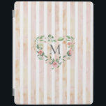 Cubierta De iPad franjas acuáticas monograma de flor floral<br><div class="desc">rayas acuarelas en tonos pastel con flor de primavera y un monograma de tipo serif fácil de usar para el personalizar</div>