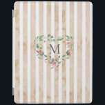 Cubierta De iPad franjas acuáticas monograma de flor floral<br><div class="desc">rayas acuarelas en tonos pastel con flor de primavera y un monograma de tipo serif fácil de usar para el personalizar</div>