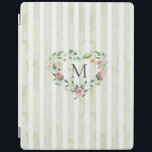 Cubierta De iPad franjas acuáticas monograma de flor floral<br><div class="desc">rayas acuarelas en tonos pastel con flor de primavera y un monograma de tipo serif fácil de usar para el personalizar</div>