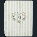 Cubierta De iPad franjas acuáticas monograma de flor floral<br><div class="desc">rayas acuarelas en tonos pastel con flor de primavera y un monograma de tipo serif fácil de usar para el personalizar</div>