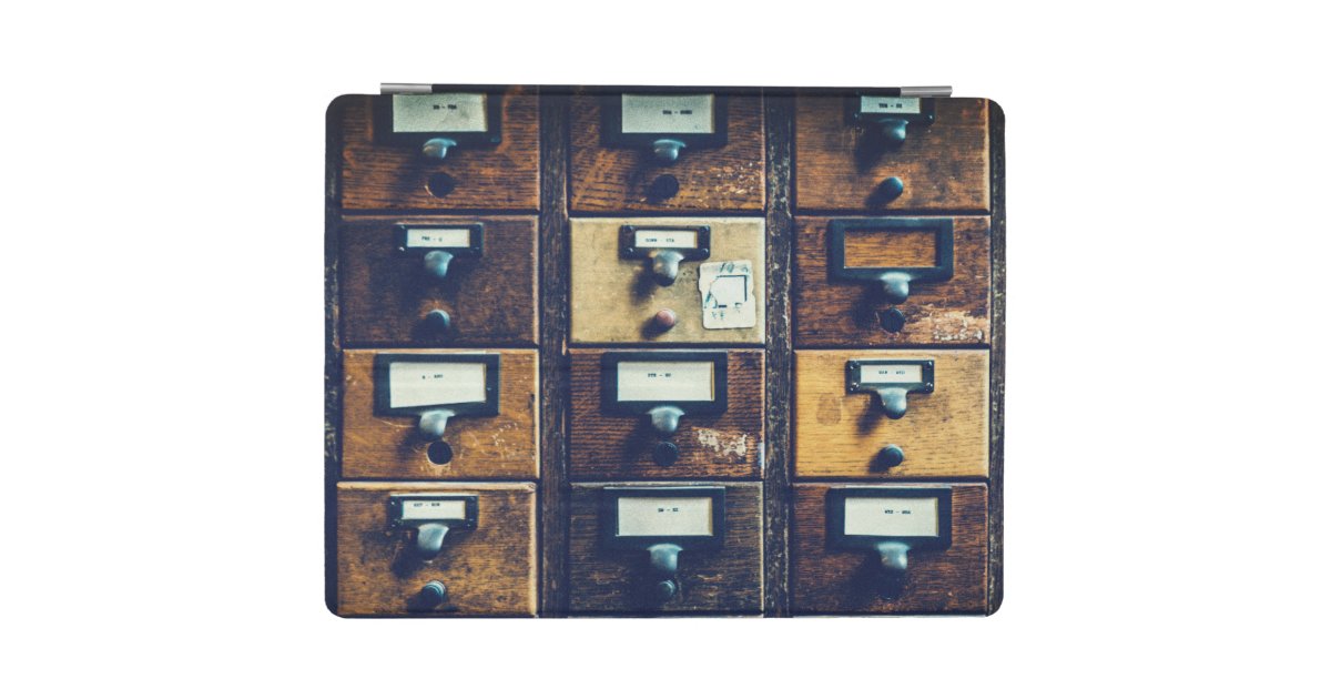 Cubierta De iPad Gabinete de madera de catálogo de tarjetas de bibl