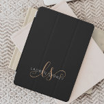 Cubierta De iPad Mini Guión femenino de oro negro moderno monogramado<br><div class="desc">Funda moderna de Black Gold Feminine Script Monogrammed iPad. Personalice fácilmente esta moderna y elegante cubierta para iPad con su monograma y nombre personalizado.</div>
