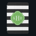 Cubierta De iPad Mini Monograma de bandas anchas de color negro y verde<br><div class="desc">Moda diseño moderno y elegante del estuche para iPad presenta un patrón de rayas naúticas horizontales pre-adormilado personalizado con sus iniciales en monograma o nombre en un marco de quatrefoil. Haga clic en Personalizar para cambiar el tipo de letra y los colores del monograma y crear uno propio y único...</div>