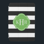 Cubierta De iPad Mini Monograma de bandas anchas de color negro y verde<br><div class="desc">Moda diseño moderno y elegante del estuche para iPad presenta un patrón de rayas naúticas horizontales pre-adormilado personalizado con sus iniciales en monograma o nombre en un marco de quatrefoil. Haga clic en Personalizar para cambiar el tipo de letra y los colores del monograma y crear uno propio y único...</div>