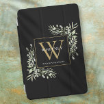 Cubierta De iPad Mini Monograma de oro negro Elegante verde moderno<br><div class="desc">Elegante vegetación acuarela deja un monograma de teléfono con un monograma dorado inicial sobre un fondo negro de moda. Diseñado por Thisisnotme©</div>