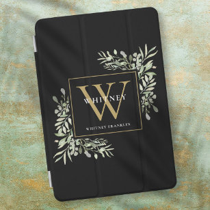Cubierta De iPad Air Monograma de oro negro Elegante verde moderno