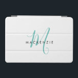 Cubierta De iPad Mini Monograma elegante de escritura Verde azulada blan<br><div class="desc">Elegante portada Verde azulada de escritura  moderna Monograma iPad Mini. Un elegante monograma verde azulado combinado con una limpia fuente san-serif en negro aporta un aspecto contemporáneo.</div>