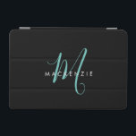 Cubierta De iPad Mini Monograma elegante de escritura Verde azulada negr<br><div class="desc">Elegante y moderna cubierta Verde azulada de guion negro Monograma iPad Mini. Un elegante monograma verde azulado combinado con una limpia fuente san-serif en blanco le da un aspecto contemporáneo.</div>