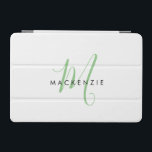 Cubierta De iPad Mini Monograma elegante de escritura verde blanca moder<br><div class="desc">Elegante Funda Mini para iPad en Monograma de Guión Verde Blanco Moderno. Un elegante monograma de escritura verde combinado con una limpia fuente san-serif en negro aporta un aspecto contemporáneo.</div>