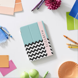 Cubierta De iPad Mini Zigzag negro y blanco, chevron, azul, tu nombre