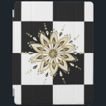 Cubierta De iPad Plaza blanca y negra y Mandala circular 2c<br><div class="desc">Elegante y moderno fondo cuadrado negro y blanco con diseño de mandala en blanco y negro dorado.</div>