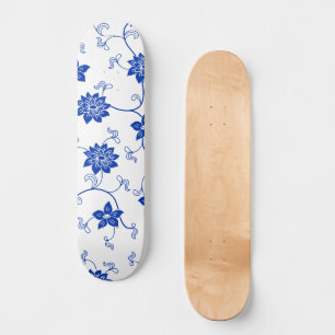 Cubierta de monopatín floral azul y blanca, inspir