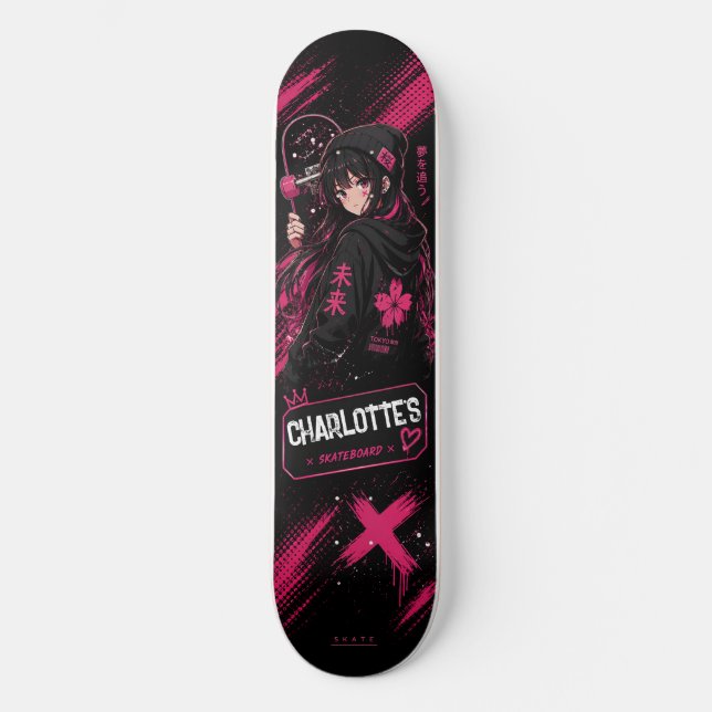 Cubierta de monopatín rosa de chica de anime perso (Anverso)