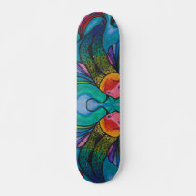 Cubierta de skateboard azul con diseño de pescado 