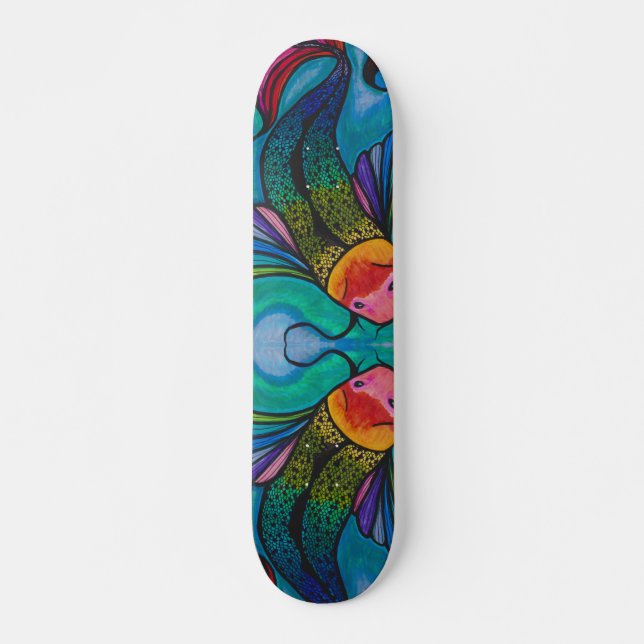 Cubierta de skateboard azul con diseño de pescado  (Anverso )