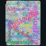 Cubierta inteligente para iPad de cualquier conjun<br><div class="desc">¡Esta cubierta del iPad no deja duda de a quién pertenece! La portada presenta un diseño ondulado colorido con el nombre de su elección que aparece en numerosas fuentes y colores diferentes. Los nombres se muestran sobre un fondo azul con flores de colores. La cubierta incluye una selección de versiones...</div>
