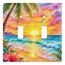Arte de playa de acuarela de puesta de sol en para